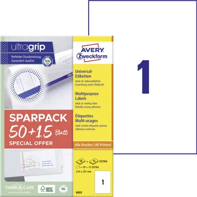 Produktbild von Avery Zweckform 6603 Universal-Etiketten, A4 mit ultragrip, 210 x 297 mm, 65 Bogen/65 Etiketten, weiß
