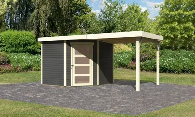 Produktbild von Karibu Gartenhaus Gerätehaus Schwandorf 5 im Set mit Anbaudach 2,40 m Breite terragrau 462x246x218 cm