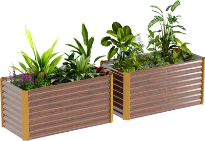 Two raised garden beds filled with various plants, set against a white background.
