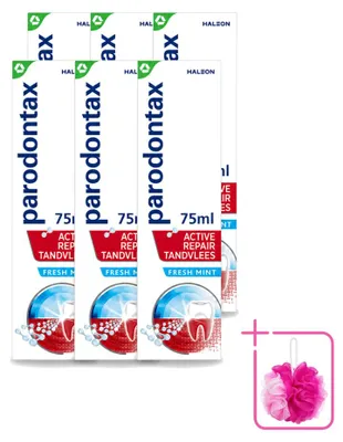 Imagen del producto de 6 tubos de pasta dental Parodontax Active Repair, sabor a menta fresca, para el cuidado de las encías, 75 ml. Pack ahorro - 6 unidades