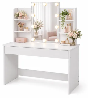 Obrázek produktu pro Kosmetický stolek Relaxdays s hollywoodským zrcadlem, osvětlením, zásuvkou, rozměry (v x š x h): 140 x 108 x 40 cm, bílý, Obrázek vytvořený pomocí AI