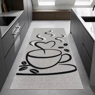 Immagine prodotto di Tappeto da cucina con motivo grafico a forma di tazze e linee pulite, colore grigio. Dimensioni: 67 x 180 cm