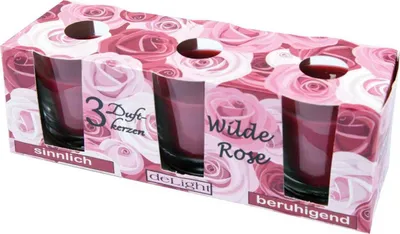 Produktbild von Duftkerzen Classic 3er Pack im Glas, lange Brenndauer und angenehmer Duft ( Wilde Rose )