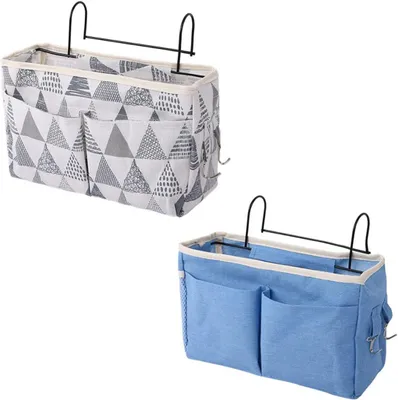 Produktbild von Bett-Organizer, Drahtgestell, Bettbeutel, Bettlakenbeutel, Aufbewahrungstasche für Zeitschriften, Spielzeug, Handys, Kopfhörer, 2 Stück (grau und blaues Dreieck)