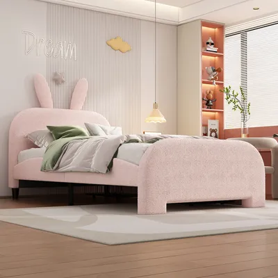 Zdjęcie produktu dla łóżko dziecięce 90x200 cm w kolorze różowym z zagłówkiem w kształcie królika, miękkim pluszowym pokryciem i dwiema szufladami