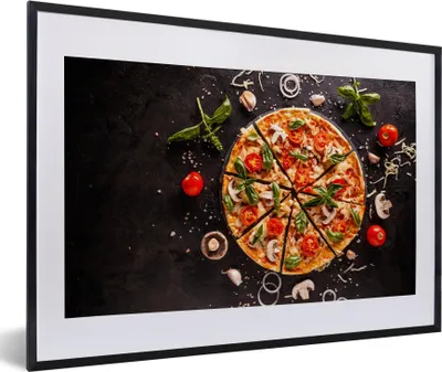 Produktbild von MuchoWow® Gerahmtes Poster Pizza - Gemüse - Kräuter - Küche - Industrie 60x40 cm - Poster mit Schwarzem Bilderrahmen Wandposter Rahmen Foto Bilder - Schlafzimmer - Plakat in Rahmen - Drucken