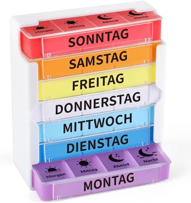 Produktbild von Pillendose 7 Tage, 4 Fächer, Schiebedeckel, für Zuhause und Reisen