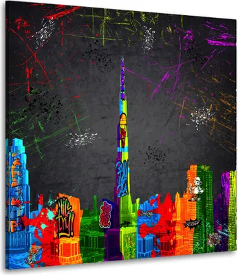 Produktbild von Dubai Skyline Graffiti Style Leinwandbild Wandbild Kunstdruck XL Wanddeko: 80x80x2cm