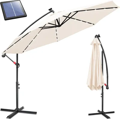 Image de Parasol Izrielar 3,5 m beige avec éclairage LED, parasol de jardin avec manivelle, protection solaire UV 50+, inclinable et stable, pied en croix inclus