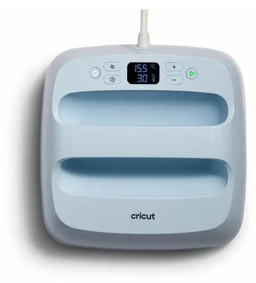 A light blue Cricut Easypress 3 heat press machine is shown from a front-facing diagonal angle against a white background.