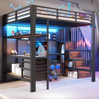 Produktbild von Flieks Etagenbett 140x200cm mit Led, Hochbett Jugendbett mit Schreibtisch und Lochwand, Hochbett Kinderbett mit Steckdosen und Stauraum, Schwarz