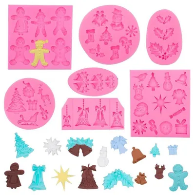 Productafbeelding van Fondantvormen set, 7 stuks, kerstmotieven, siliconen, voor het decoreren van taarten