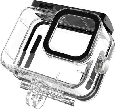 A clear waterproof case for a GoPro camera, shown from a diagonal angle against a white background.