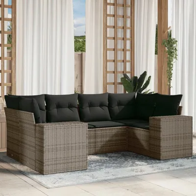 Produktbild von Design 6-tlg. Garten-Sofagarnitur mit Kissen Grau Poly Rattan, Gartenmöbel-Sets 2024 Neu