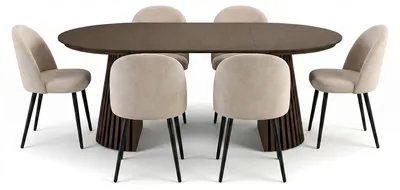 Immagine prodotto di Set sala da pranzo Tokyo: tavolo rovere affumicato, 6 sedie in velluto beige.