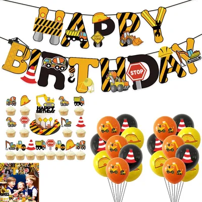 Produktbild von Bagger- & Baustellen-Partyset für Kinder ,Komplettes Geburtstags-Deko-Set mit Girlande, Kuchensteckern & 18 Latexballons Gelb/Orange/Schwarz