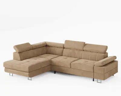 Produktbild von ECKSOFA CAROLINE Links Beige Velours-Stoff mit Schlaffunktion und Bettkasten