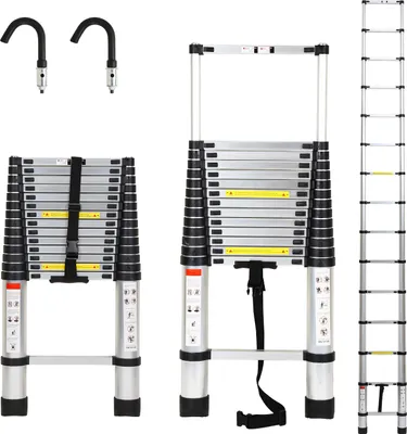 Zdjęcie produktu dla Drabina teleskopowa Hengda, srebrna, 4,4 m, z hakiem, drabina rozkładana do 150 kg, stabilna, aluminiowa, drabina przyścienna, drabina wielofunkcyjna, drabina stojąca