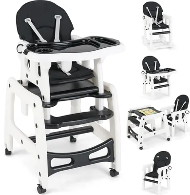 A collage of a convertible high chair in various configurations.