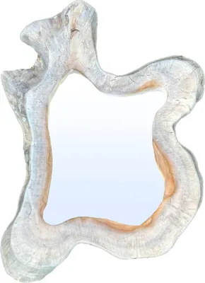 A mirror with an irregular, organic frame made of wood.