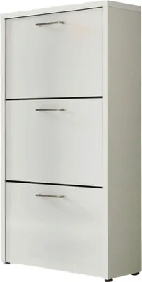 Produktbild von Schuhkipper / Schuhschrank LYON, weiß / weiß Hochglanz, 3 Klappen, Metallgriffe, (BxHxT) 61x115x25 cm
