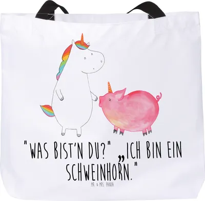 Produktbild von Mr. & Mrs. Panda Tote Bag Einhorn Schwein - Weiß - Geschenk, Freundin, Einhörner, Unicorn, Schultasche, Reisetasche, Laptoptasche, Tasche, Strandtasche, Schweinhorn