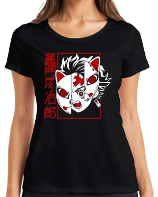 Zdjęcie produktu dla Tanjiro Kamado Kimetsu no Yaiba Fox Mask Anime Gift Ladies T-Shirt, Czarny, XL