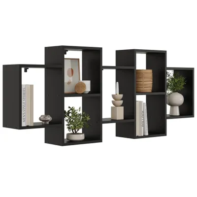 Productafbeelding van Zwarte wandplank – modern wandrek met asymmetrische structuur, geschikt als boekenkast of decoratieve plank voor de hal, keuken of woonkamer – 160 cm breed