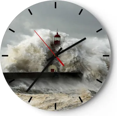 Produktbild von Wanduhr - Rund - Glasuhr - Leuchtturm Ozean Sturm - 40x40cm - Schleichendes Uhrwerk - Lautlos - zum Aufhängen bereit - Dekoration Modern - Wanddekoration aus Glas - C3AR40x40-2442