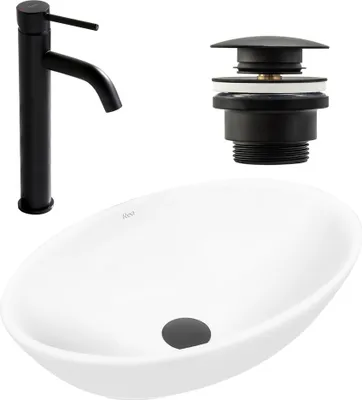 A white oval basin, a black faucet, and a black drain assembly are displayed against a white background.