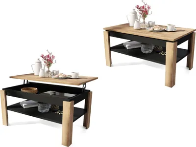 Produktbild von All4All Couchtisch Asti , P , Wohnzimmertisch , Kaffeetisch , Couchtisch mit Stauraum , mit Ablage , höhenverstellbar , 100x60cm , Gold Eiche + Schwarz