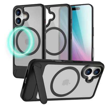 Produktbild von NALIA Magnet-Case für iPhone 16 – Klappständer & Kameraschutz – TRITON (Matt-Transparent & Hybrid-Schutz) – Marke aus Berlin – Titan Schwarz