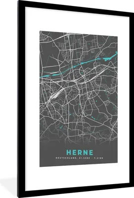 Produktbild von MuchoWow® Gerahmtes Poster Blau - Deutschland - Karte - Stadtplan - Herne 60x90 cm - Poster mit Schwarzem Bilderrahmen Wandposter Rahmen Foto Bilder - Dekoration - Wandposter Wohnzimmer - Hochwertig
