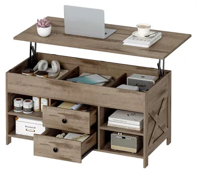 Produktbild von Couchtisch, höhenverstellbar, mit 2 Schubladen und verstecktem Stauraum, 50 x 100 x 47,3-61,3 cm, für Wohnzimmer, Esszimmer, Büro, Kamelbraun-Schwarz