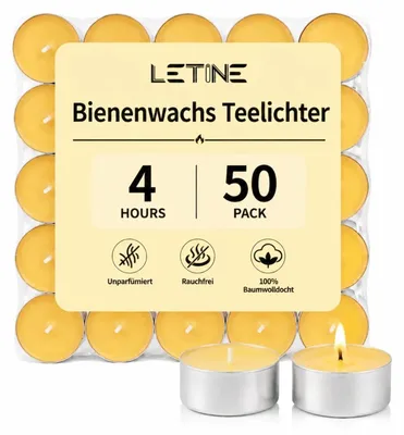 Bienenwachs-Teelichter, 50 Stück, 4 Std. Brenndauer, rein