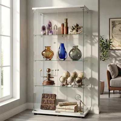 Immagine prodotto di Vetrina espositiva freestanding, bianca, dimensioni 164,5 x 80,6 x 36,5 cm. Porte in vetro con serratura, realizzate in vetro di sicurezza da 5 mm