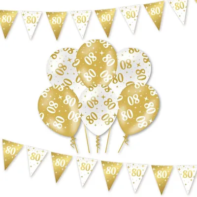 Produktbild von Dekorationsset 80 Jahre Geburtstag, weiße und goldene Ballons, 6 Stück 30 cm, 10 m Wimpelkette für Feier