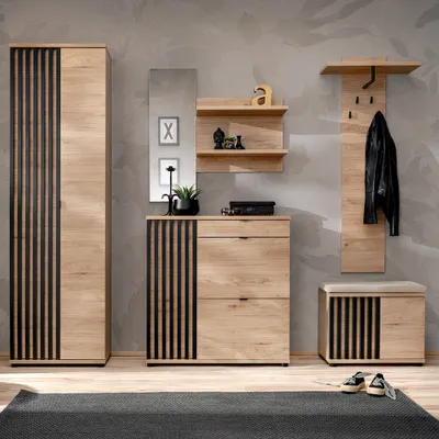 Produktbild von Garderobenset inkl. Sitzkissen 3-teilig in Kastanienholz mit schwarzen Lamellen, POLICORO-164