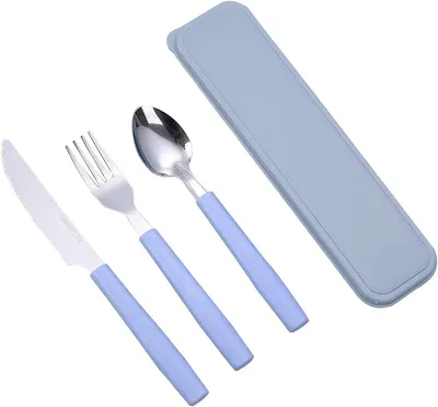 Obrázek produktu pro Sada cestovního nádobí pro kempování, 3 kusy, modrá, nerezová ocel, včetně pouzdra, vhodná na cesty