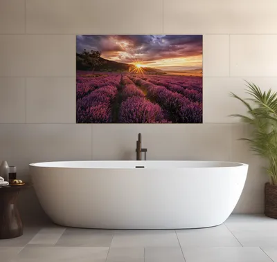 Produktbild von Wallario wasserfestes Poster selbstklebend 70 x 100 cm, Lavendelfeld bei Sonnenuntergang - Sonnenstrahlen, Badezimmerposter Spritzschutz mit Hochglanzoberfläche in Glasoptik