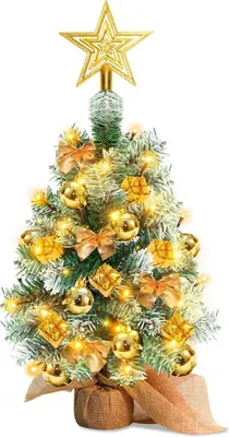 Produktbild von Bettizia 40cm Mini Weihnachtsbaum mit 30 warmweiß LEDs, 8 Licht Modi, mit roter Deko, mit Stern-Baumspitze, Batterie betrieben, für Weihnachten, Gold