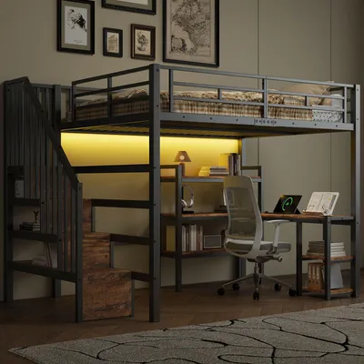 Image de Lit superposé en métal 140x200 cm avec escalier et espace de rangement, bureau, étagère à 3 niveaux, éclairage LED contrôlable par application via Bluetooth, station de charge USB, barrière de sécurité et sommier à lattes en métal, couleur noire
