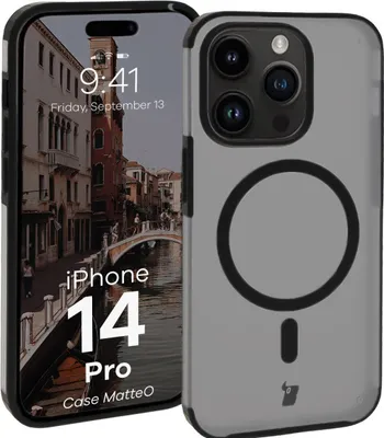 Produktbild von Bizon Case MatteO Magnetische Ringhülle für iPhone 14 Pro, halbtransparent mit schwarzem Rahmen