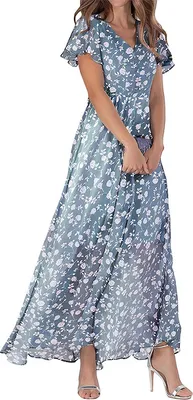 Produktbild von ASKSA Damen Sommerkleid Blumendruck Lang Ruesche Kurzarm V Ausschnitt Strandkleider Boho Beach Midikleid Freizeitkleid (Dunkelblau,L)