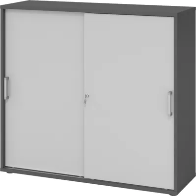 Produktbild von bümö Schiebetürenschrank office - 3 Ordnerhöhen - Griff: Chromgriff (Metall), Nachbildung: Graphit/Grau