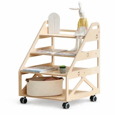 Produktbild von Montessori Bücherregal 3-in-1 - Kinder-Bücherregal, Spielzeugregal und Lesestuhl auf Rollen aus Holz – Natur
