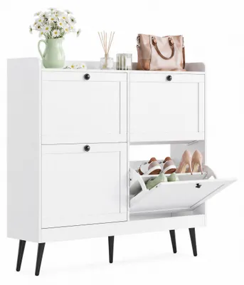 Imagen del producto de Zapatero de 100x26x100 cm con 4 puertas abatibles y estante para zapatos, fabricado en MDF de color blanco
