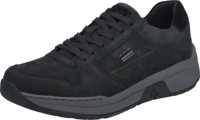 A black sneaker with a gray sole is shown against a white background.