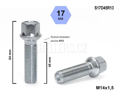 Obrázek produktu pro Kolový šroub M14x1,5x45 koule R13, klíč 17, S17D45R13, výška 64