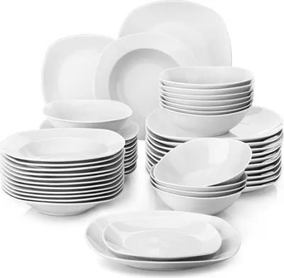 Produktbild von MALACASA, 48 Tlg. Porzellan Tafelservice, Kombiservice mit Speiseteller, Dessertteller, Suppenteller, Müslischale, für 12 Personen, grauweiß